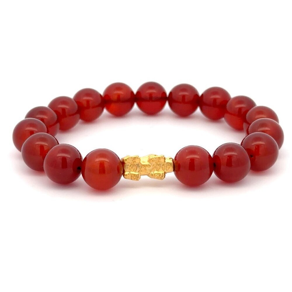 24K Gold Piyao Pixiu Dragon Lucky Charm Bracelet Gemstones Birthstones Carnelian - Picture 5 of 7